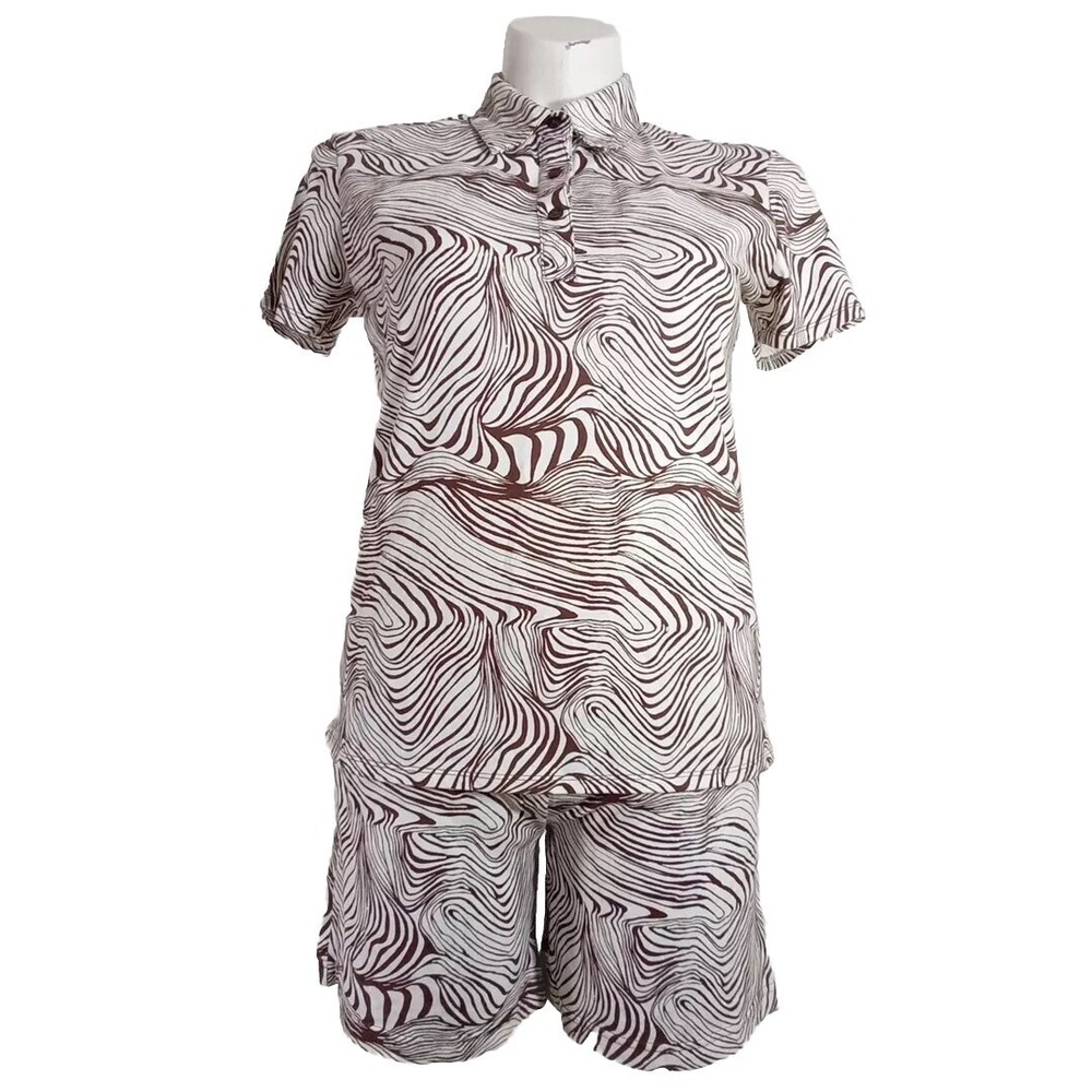 Cruz Pajama 2-Piece Shirt Short Set Size LARGE White Brown Animal Print Comfy